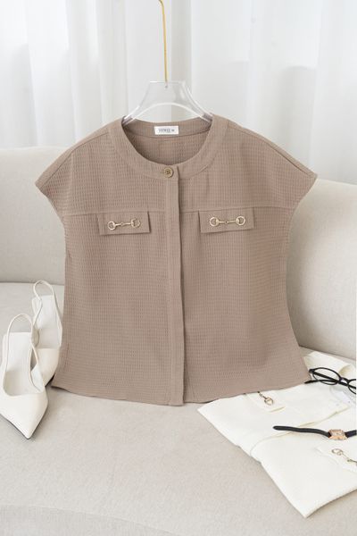  Áo sơ mi xốp Hàn vai chờm cổ tròn 