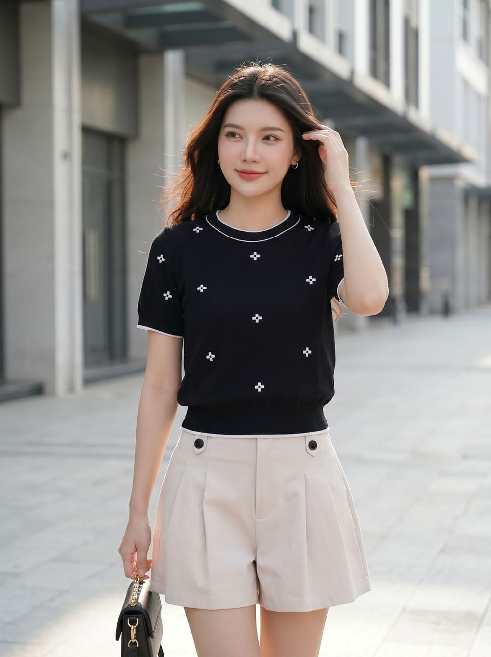 Áo dệt sợi cotton cổ tròn tay cộc phối viền gấu bo họa tiết