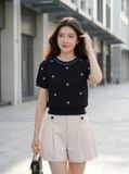  Áo dệt sợi cotton cổ tròn tay cộc phối viền gấu bo họa tiết 