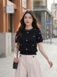  Áo dệt sợi cotton cổ tròn tay cộc phối viền gấu bo họa tiết 