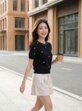  Áo dệt sợi cotton cổ tròn tay cộc phối viền gấu bo họa tiết 