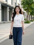  Áo dệt sợi cotton cổ tròn tay cộc phối viền gấu bo họa tiết 