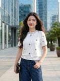  Áo dệt sợi cotton cổ tròn tay cộc phối viền gấu bo họa tiết 