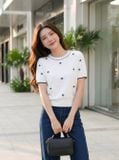  Áo dệt sợi cotton cổ tròn tay cộc phối viền gấu bo họa tiết 
