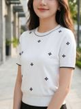  Áo dệt sợi cotton cổ tròn tay cộc phối viền gấu bo họa tiết 