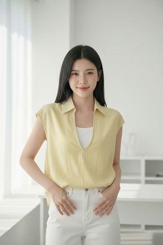 Áo sơ mi nữ thô gió dáng suông bom gấu cổ bẻ