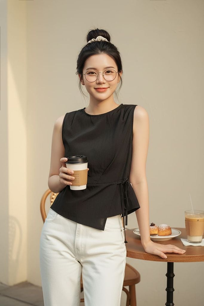  Áo thô gió sát nách cổ tròn dáng Peplum thắt eo tôn dáng 