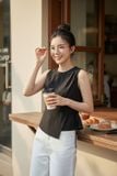  Áo thô gió sát nách cổ tròn dáng Peplum thắt eo tôn dáng 