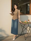  Áo thô gió sát nách cổ tròn dáng Peplum thắt eo tôn dáng 
