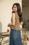  Áo thô gió sát nách cổ tròn dáng Peplum thắt eo tôn dáng 