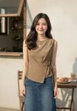  Áo thô gió sát nách cổ tròn dáng Peplum thắt eo tôn dáng 