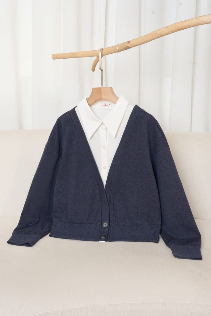  Áo dài tay phối cổ sơ mi giả cardigan 