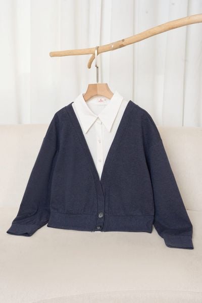  Áo dài tay phối cổ sơ mi giả cardigan 