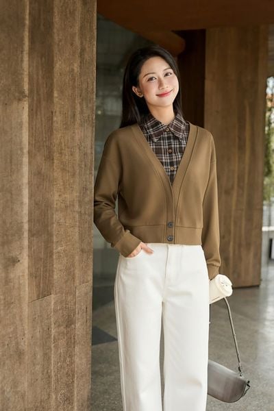  Áo dài tay phối cổ sơ mi giả cardigan 