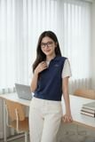  Áo Cotton tay cộc giả 2 lớp cổ bẻ thêu chữ ngực 