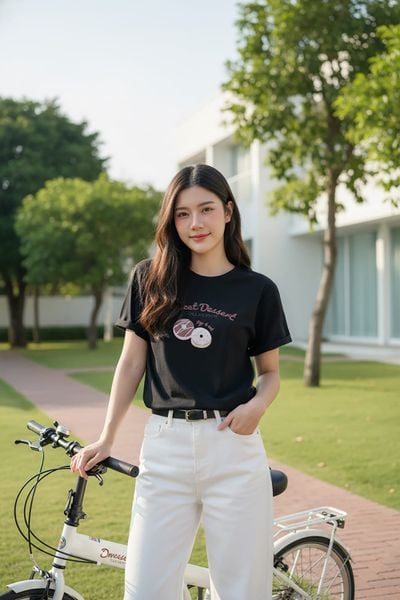  Áo Cotton tay cộc cổ tròn vai trễ in hình Sweet Dessert 