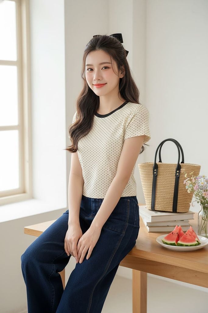  Áo phông Cotton Zip phối viền cổ tròn họa tiết chấm bi 