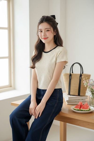  Áo phông Cotton Zip phối viền cổ tròn họa tiết chấm bi 