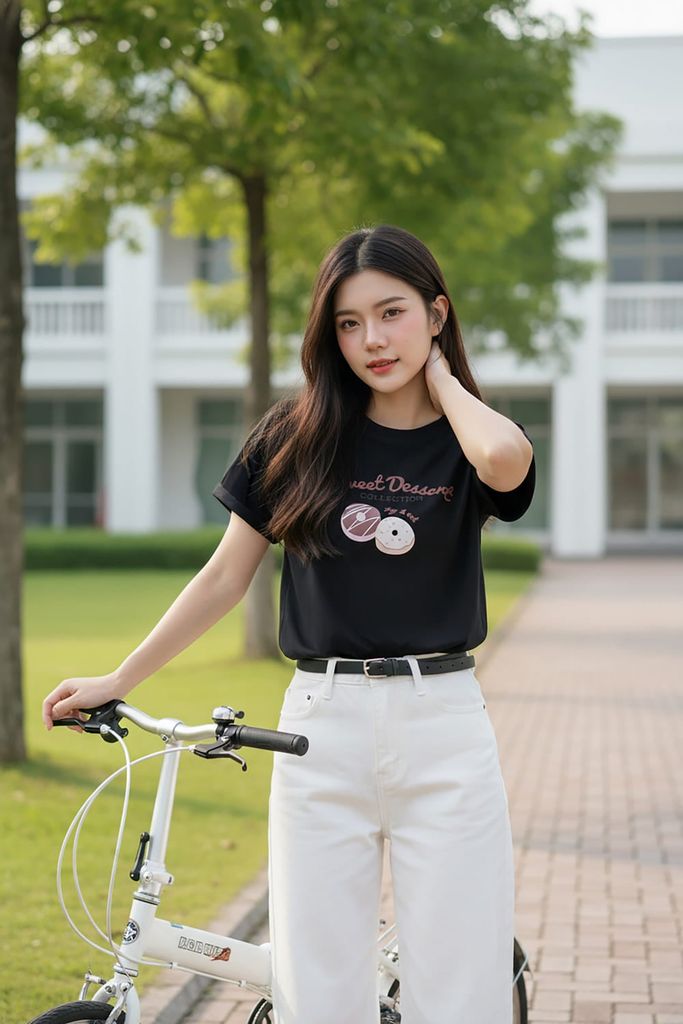  Áo Cotton tay cộc cổ tròn vai trễ in hình Sweet Dessert 