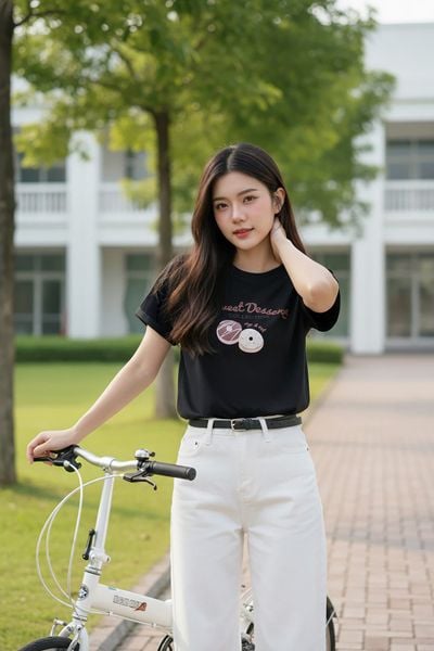  Áo Cotton tay cộc cổ tròn vai trễ in hình Sweet Dessert 