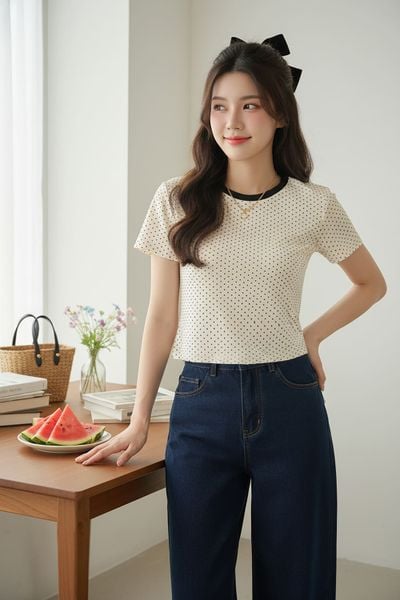  Áo phông Cotton Zip phối viền cổ tròn họa tiết chấm bi 