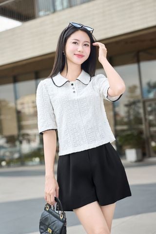 Áo phông nữ tay lỡ cổ sen phối viền ren