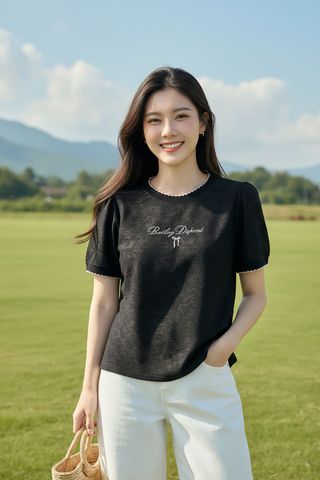 Áo phông vải ren tay cộc cổ tròn phối viền bèo