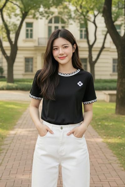  Áo phông nữ cotton tay cộc cổ tròn phối viền sóng 