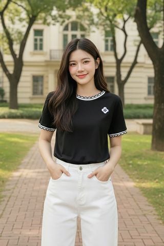 Áo phông nữ cotton tay cộc cổ tròn phối viền sóng