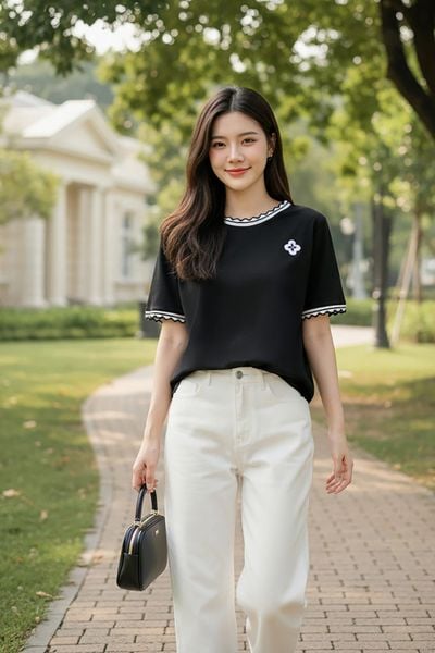  Áo phông nữ cotton tay cộc cổ tròn phối viền sóng 