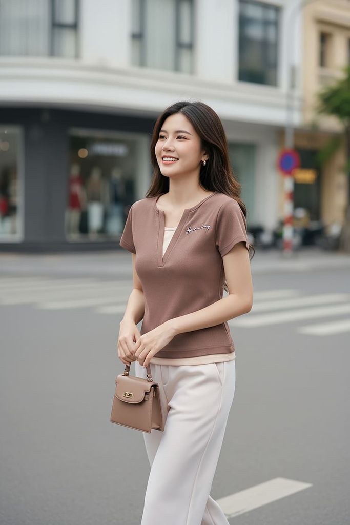  Áo phông tăm lạnh cổ V phối màu thêu chữ 