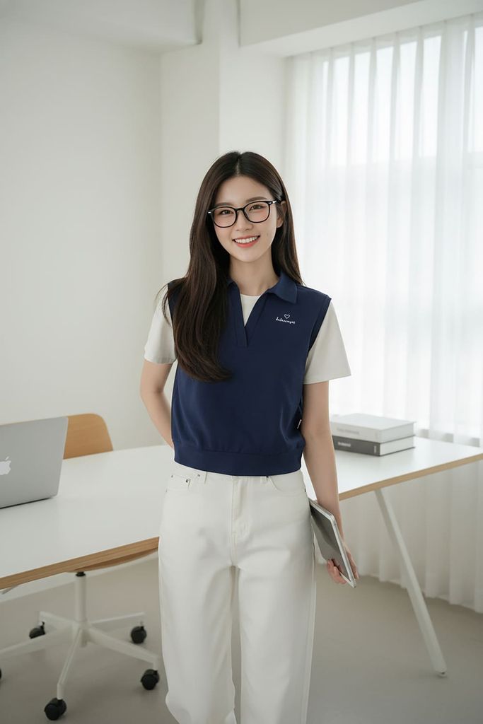  Áo Cotton tay cộc giả 2 lớp cổ bẻ thêu chữ ngực 