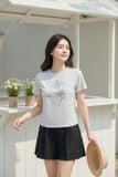 Áo thun nữ Cotton tay cộc cổ tròn Basic họa tiết hoa in 