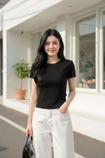  Áo Cotton Zip tay cộc cổ tròn trơn dáng Basic 