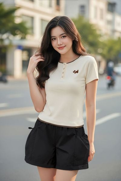  Áo thun Cotton Zip tay cộc cổ trụ phối viền 