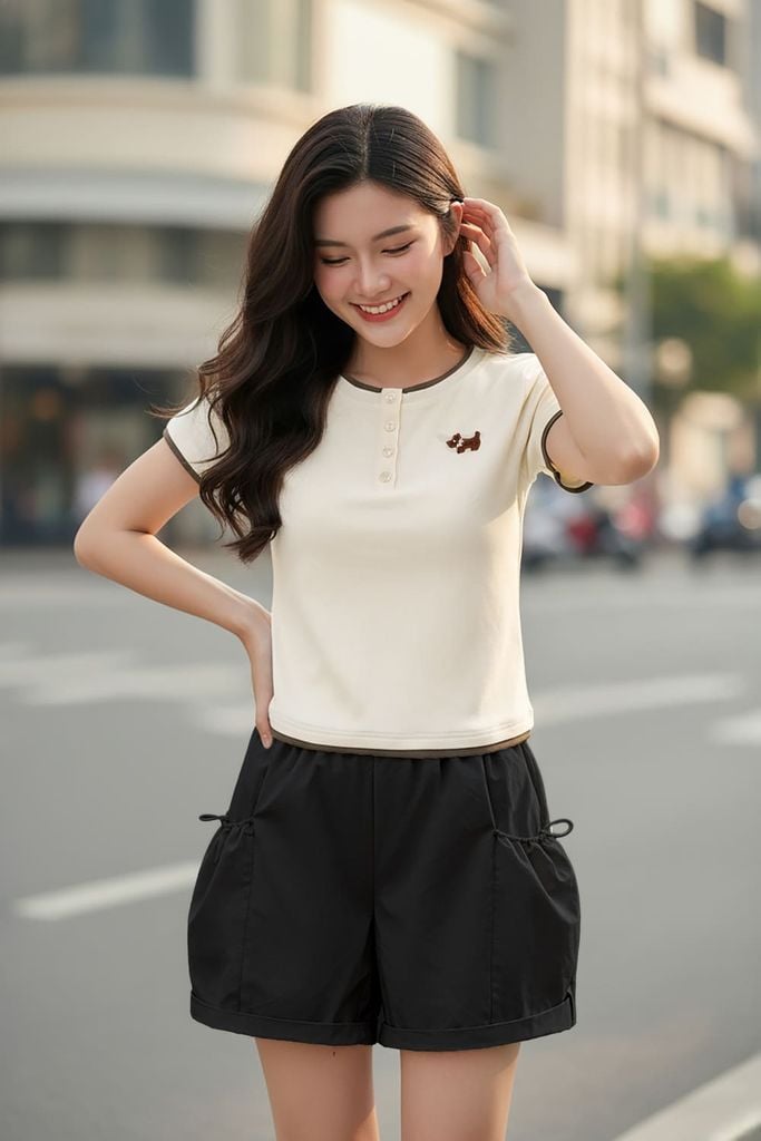  Áo thun Cotton Zip tay cộc cổ trụ phối viền 
