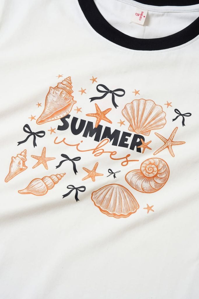  Áo phông Cotton tay cộc cổ tròn viền phối họa tiết Summer 