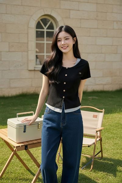  Áo cotton tay cộc cổ tròn thiết kế phối giả 2 lớp trẻ trung 