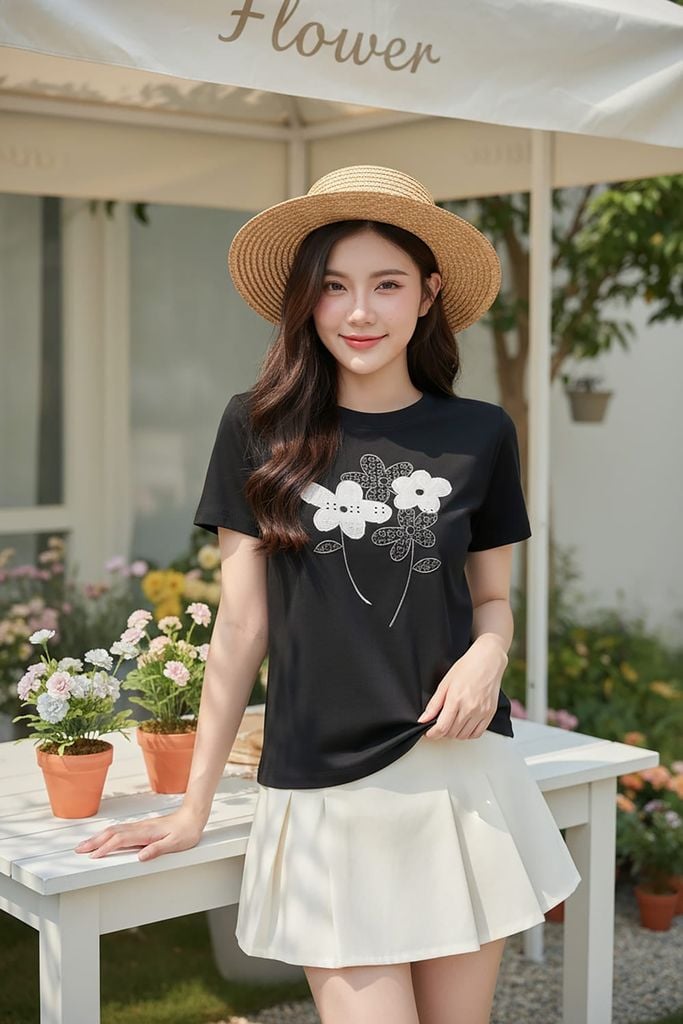  Áo thun nữ Cotton tay cộc cổ tròn Basic họa tiết hoa in 