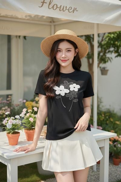  Áo thun nữ Cotton tay cộc cổ tròn Basic họa tiết hoa in 
