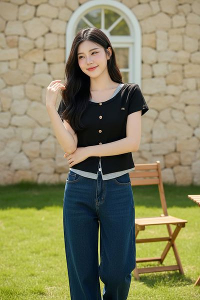  Áo cotton tay cộc cổ tròn thiết kế phối giả 2 lớp trẻ trung 