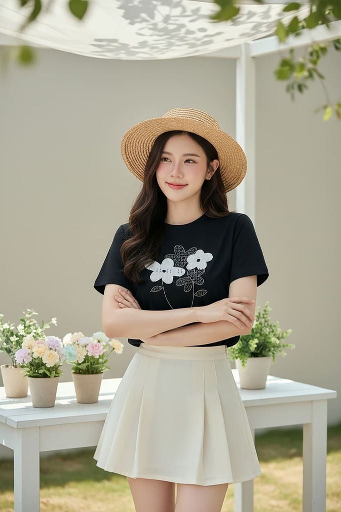  Áo thun nữ Cotton tay cộc cổ tròn Basic họa tiết hoa in 