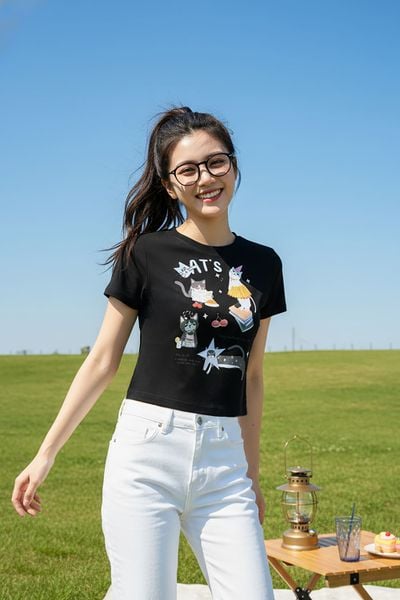  Áo phông nữ Cotton co giãn cổ tròn in hình mèo 