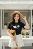  Áo thun nữ Cotton tay cộc cổ tròn Basic họa tiết hoa in 