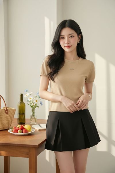  Áo thun xốp tay cộc cổ tròn đính tag ngực cao cấp 