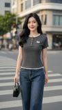  Áo thun Cotton Zip tay cộc cổ trụ phối viền 