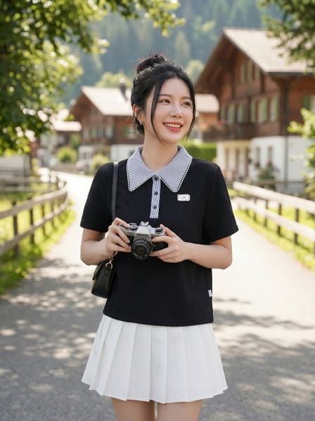  Áo Polo Cotton tay cộc phối cổ viền ren kẻ sọc 