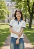  Áo polo cotton phối cổ kẻ tay cộc vai bồng 