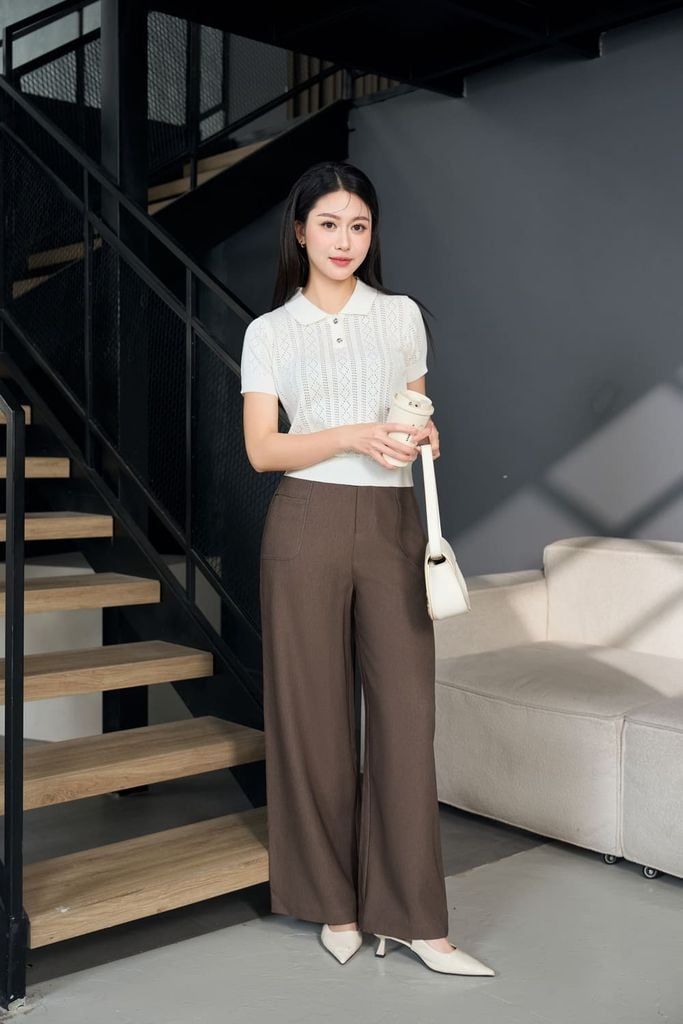  Áo len cotton dệt kim tay cộc cổ Polo họa tiết trám 