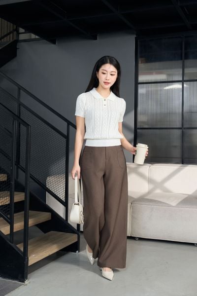  Áo len cotton dệt kim tay cộc cổ Polo họa tiết trám 